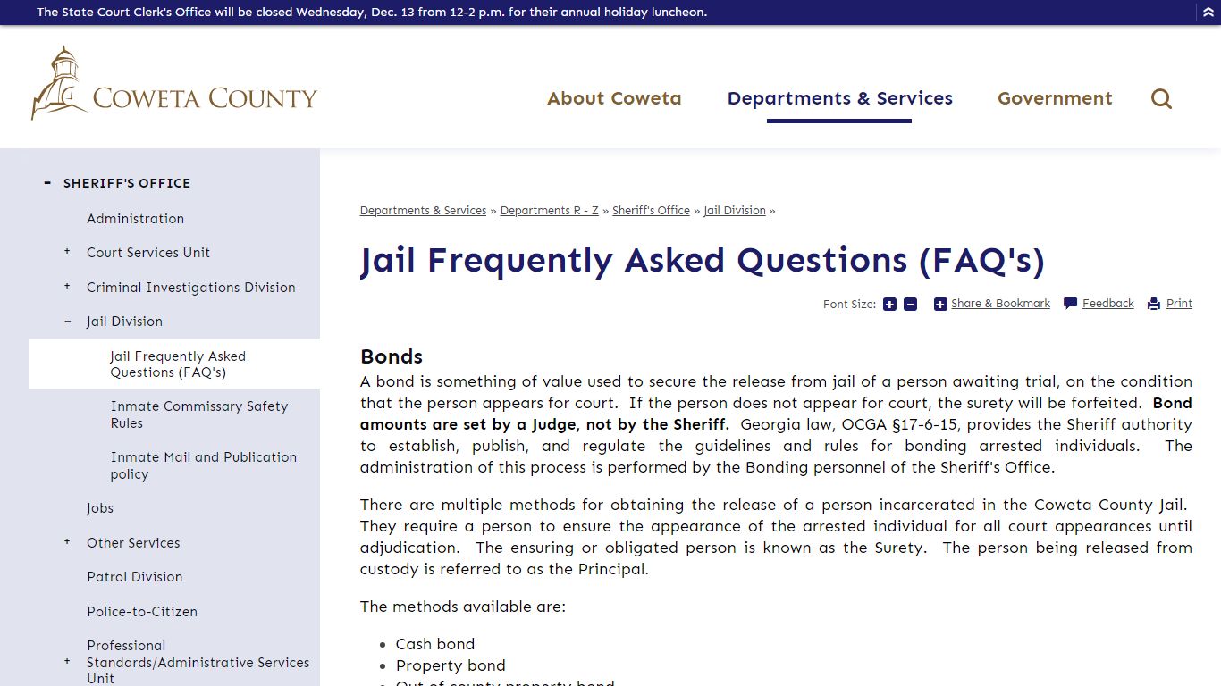 Jail Frequently Asked Questions (FAQ's) | Coweta County, GA Website